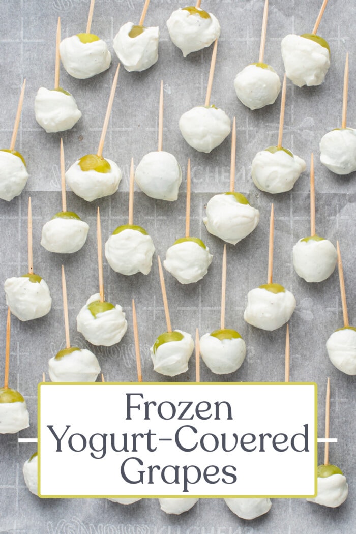 Pin graphic for frozen yogurt-covered grapes