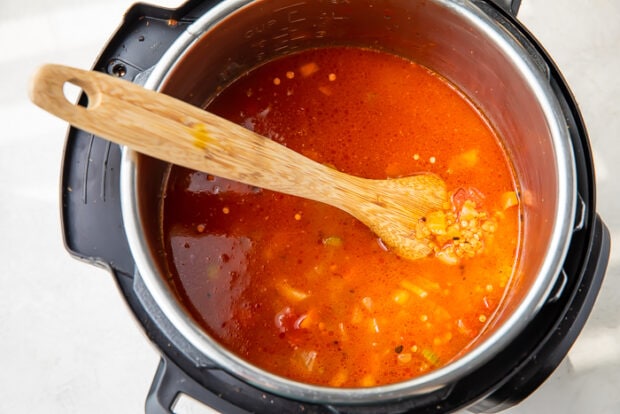 Veggies, seasoning, lentils, and liquid in Instant Pot