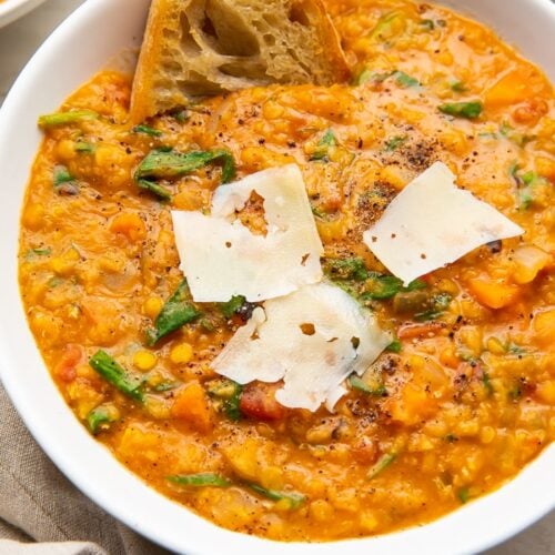 Instant Pot Lentil Soup in a white bowl