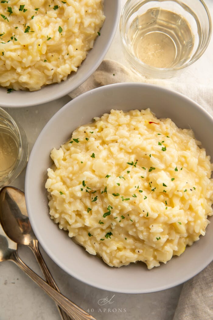 Overhead angle of two bowls of Instant Pot risotto