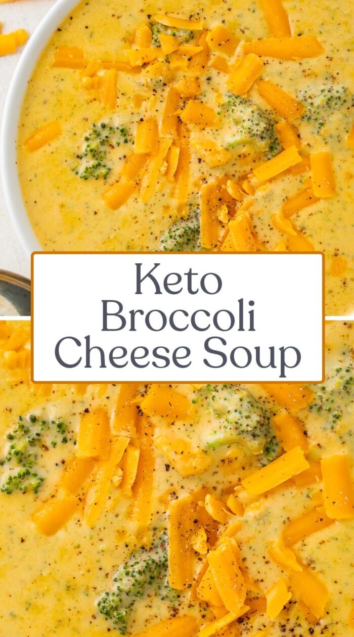 Pin graphic for keto broccoli cheese soup