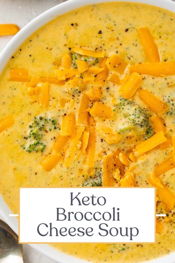 Pin graphic for keto broccoli cheese soup