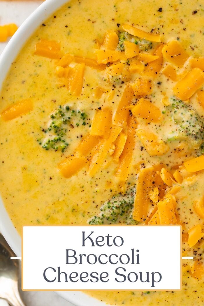 Pin graphic for keto broccoli cheese soup