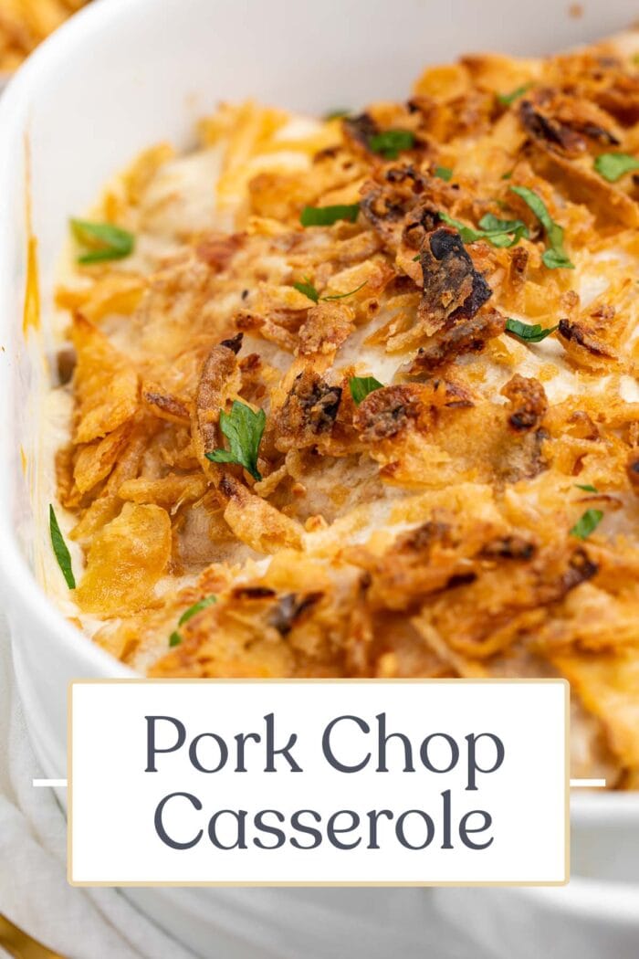 Pin graphic for pork chop casserole