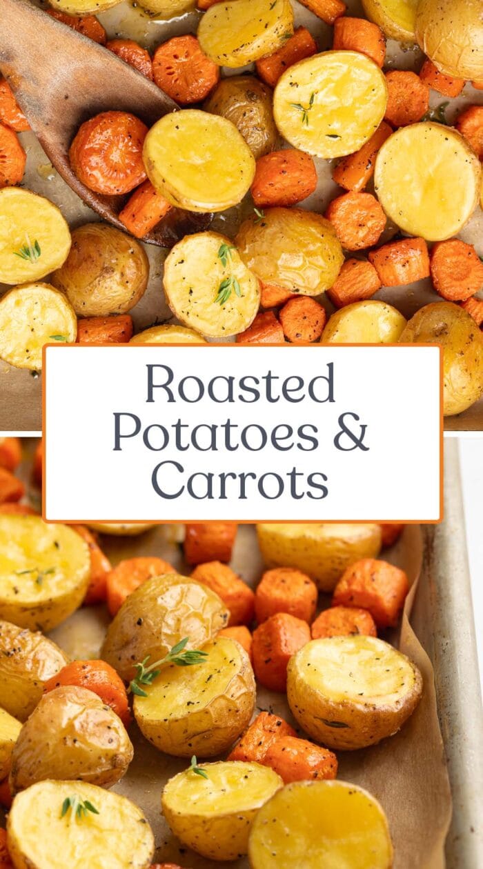 Pin graphic for roasted potatoes & carrots