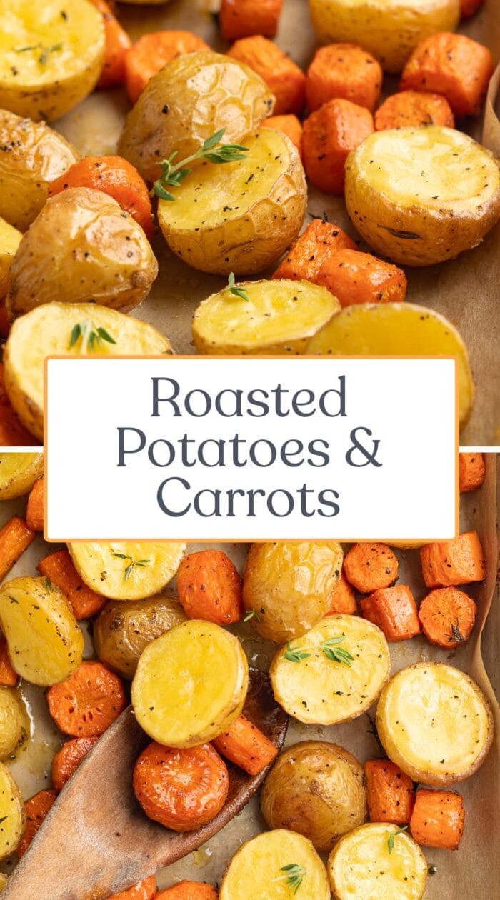 Pin graphic for roasted potatoes & carrots