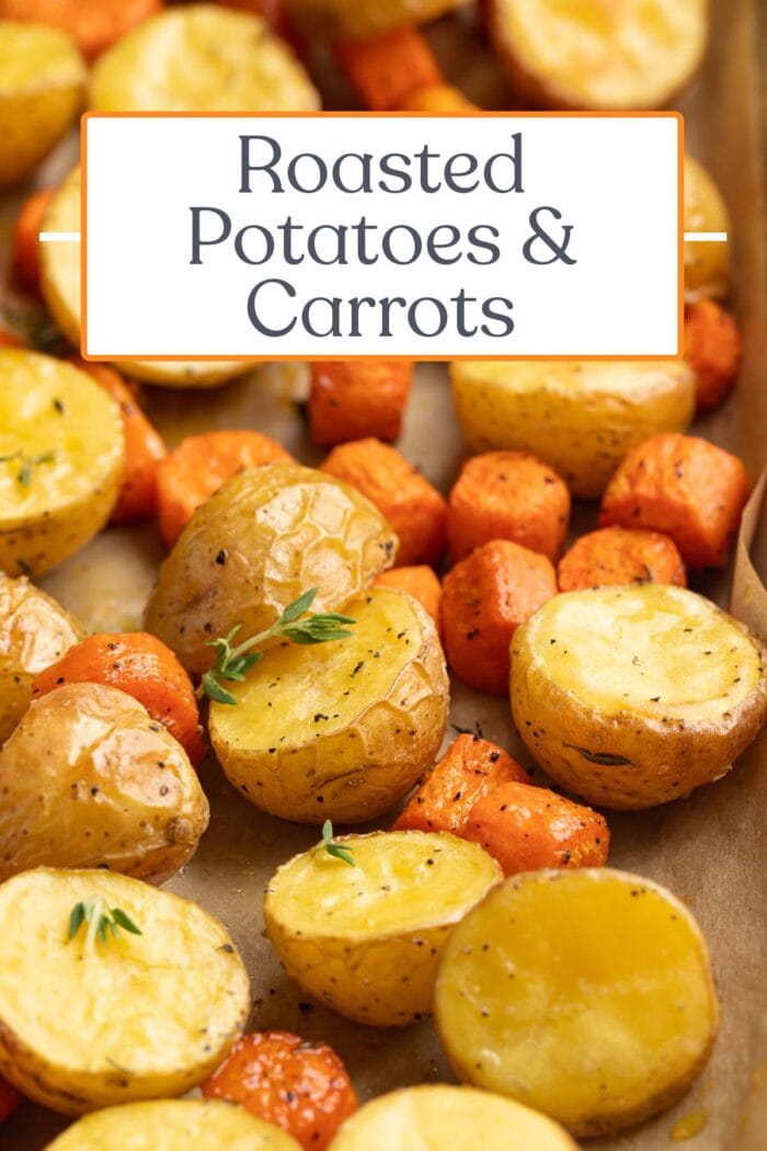 Pin graphic for roasted potatoes & carrots