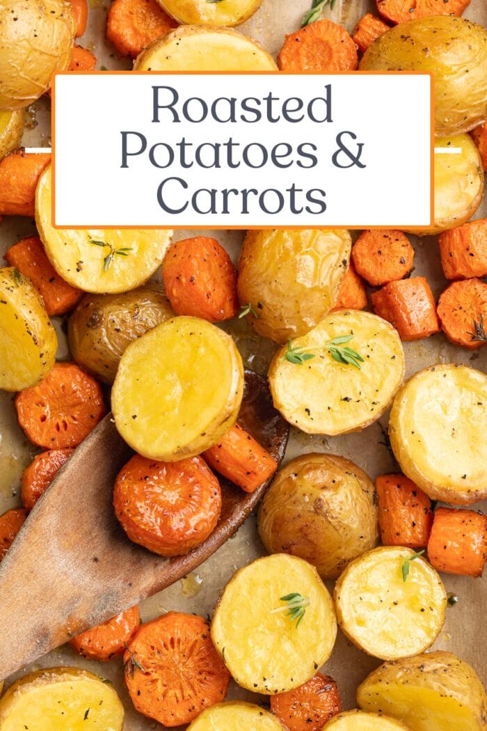 Pin graphic for roasted potatoes & carrots