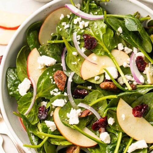 Overhead close-up photo of a spinach salad with crumbled feta, red onion, glazed pecans, and dried cranberries in a large bowl