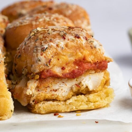 Side view of a crispy chicken parm slider