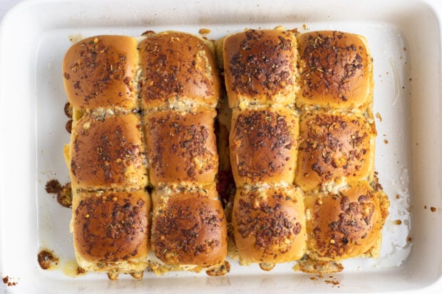 Chicken parm sliders in baking dish