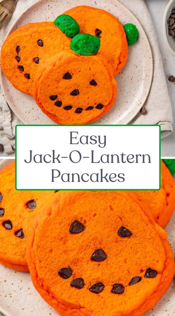 Pin graphic for jack-o-lantern pancakes