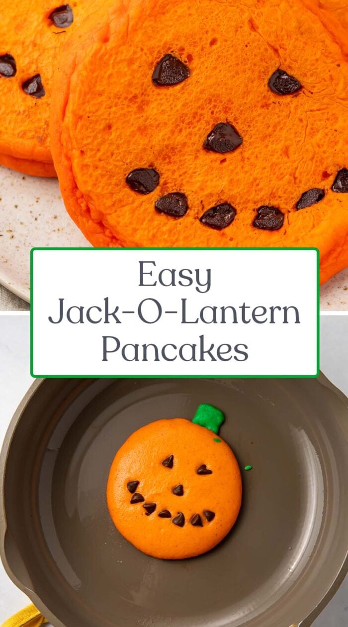 Pin graphic for jack-o-lantern pancakes