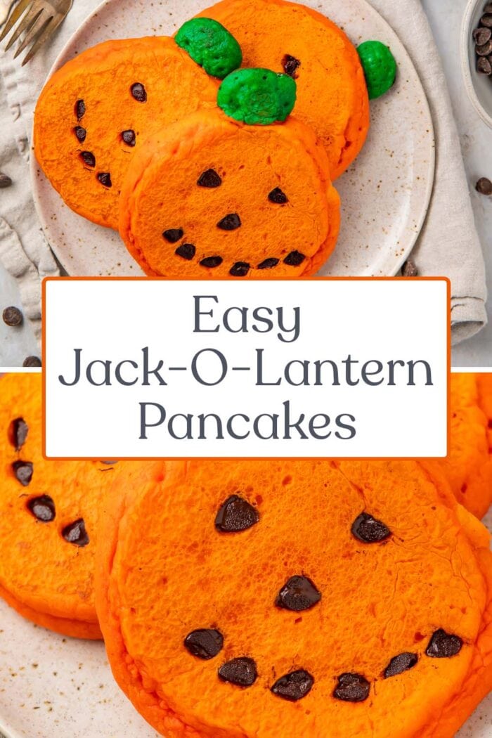 Pin graphic for jack-o-lantern pancakes