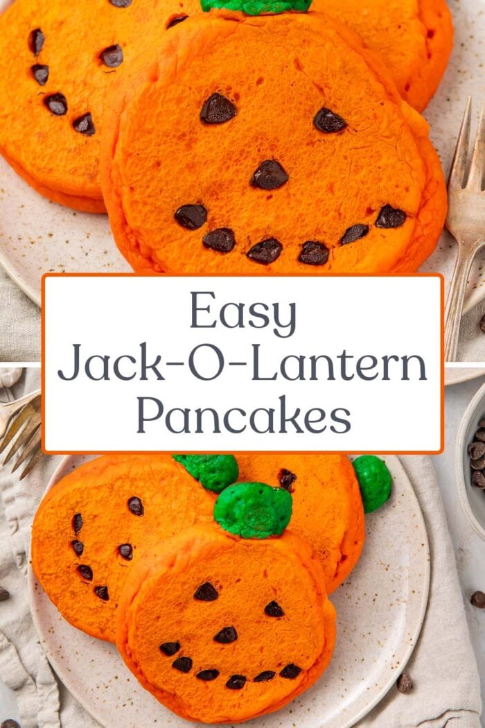 Pin graphic for jack-o-lantern pancakes