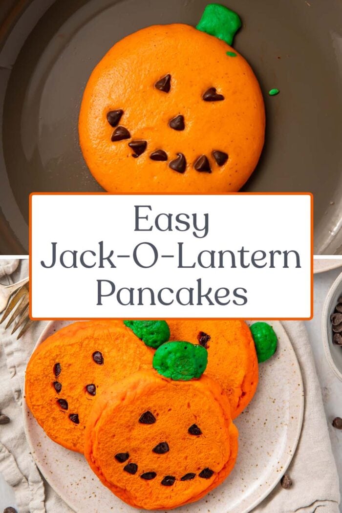 Pin graphic for jack-o-lantern pancakes