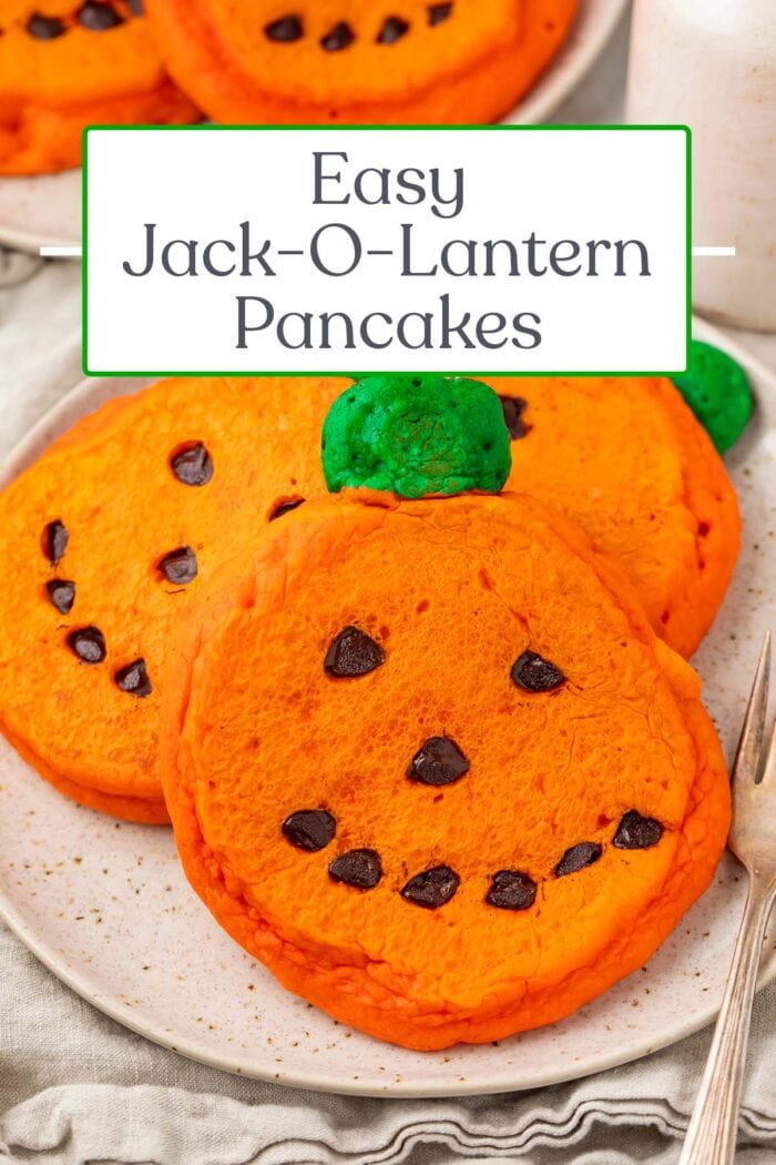 Pin graphic for jack-o-lantern pancakes