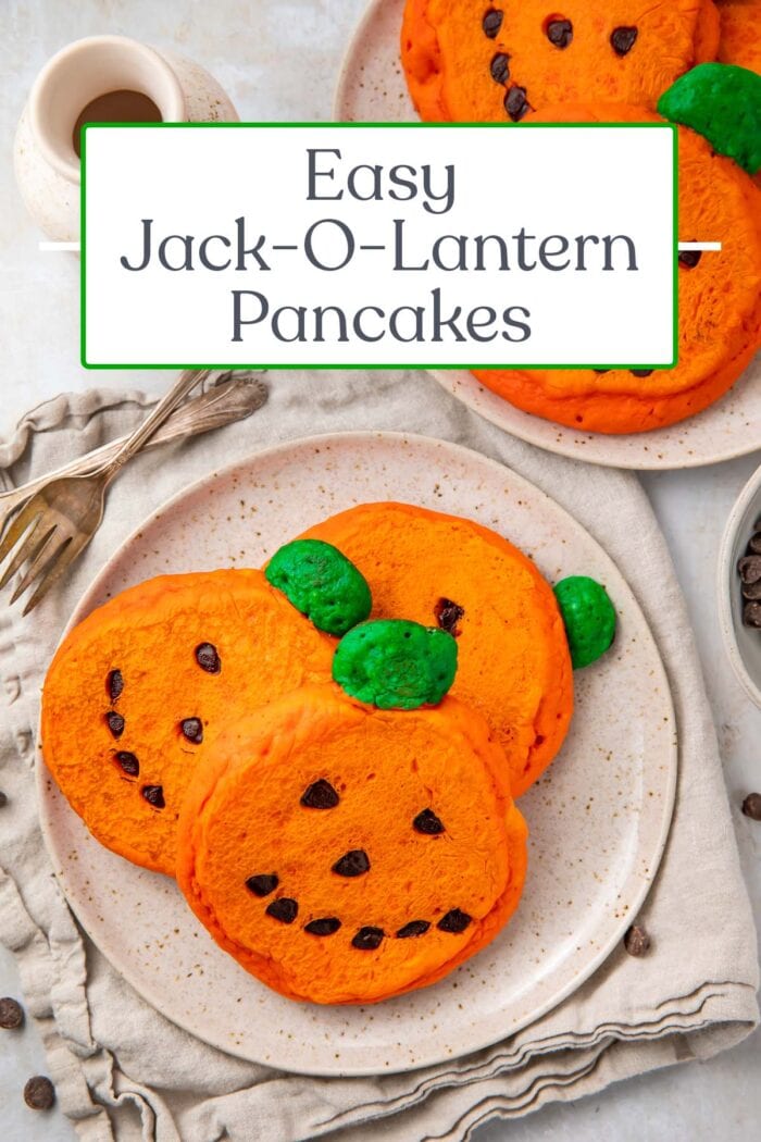 Pin graphic for jack-o-lantern pancakes