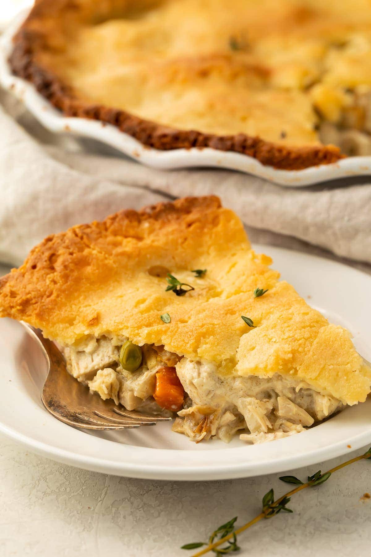 A slice of keto chicken pot pie on a plate