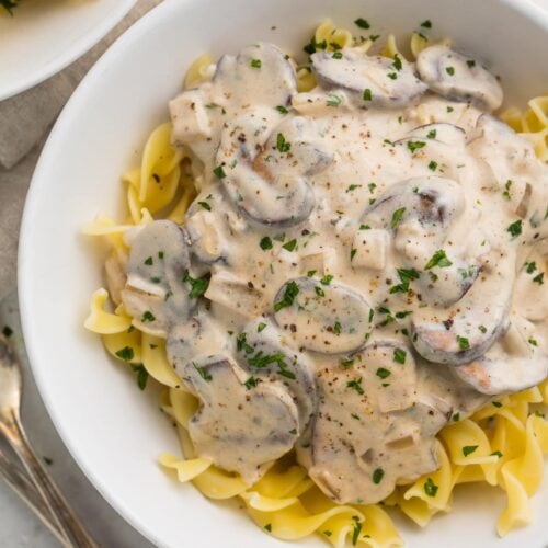 Overhead angle of a large bowl of mushroom stroganoff