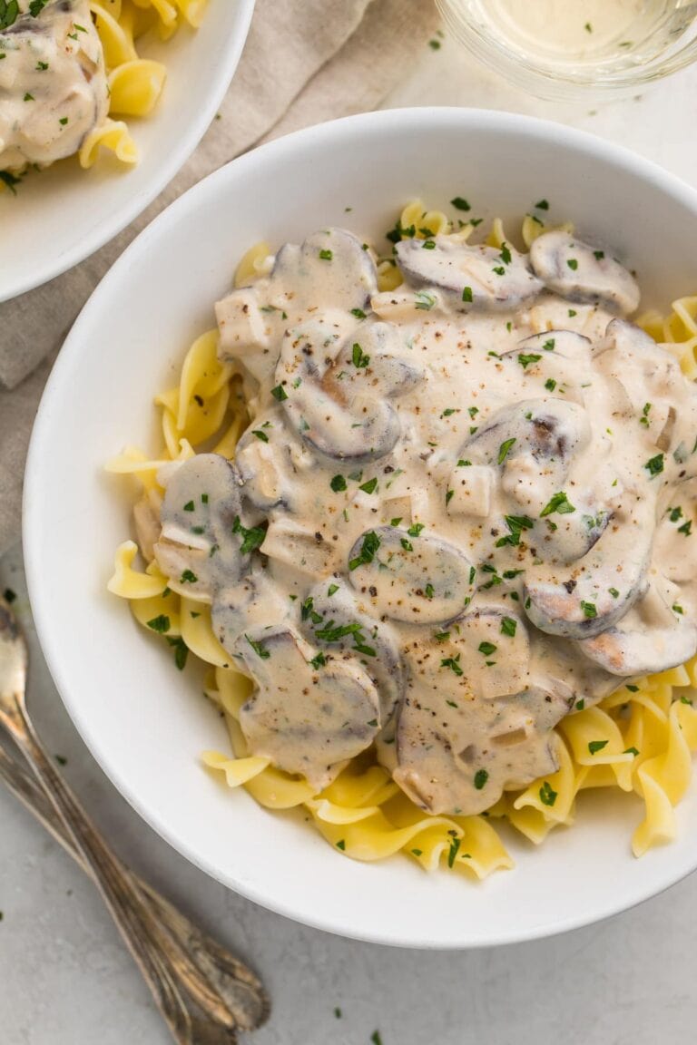 Overhead angle of a large bowl of mushroom stroganoff