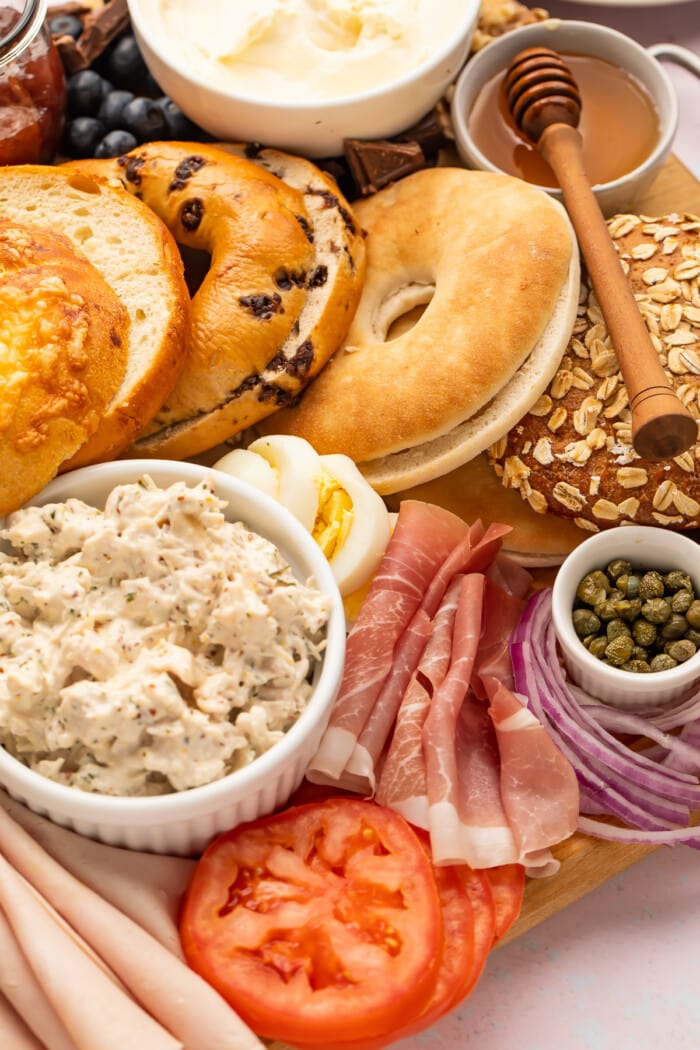 Close-up of items on a bagel bar