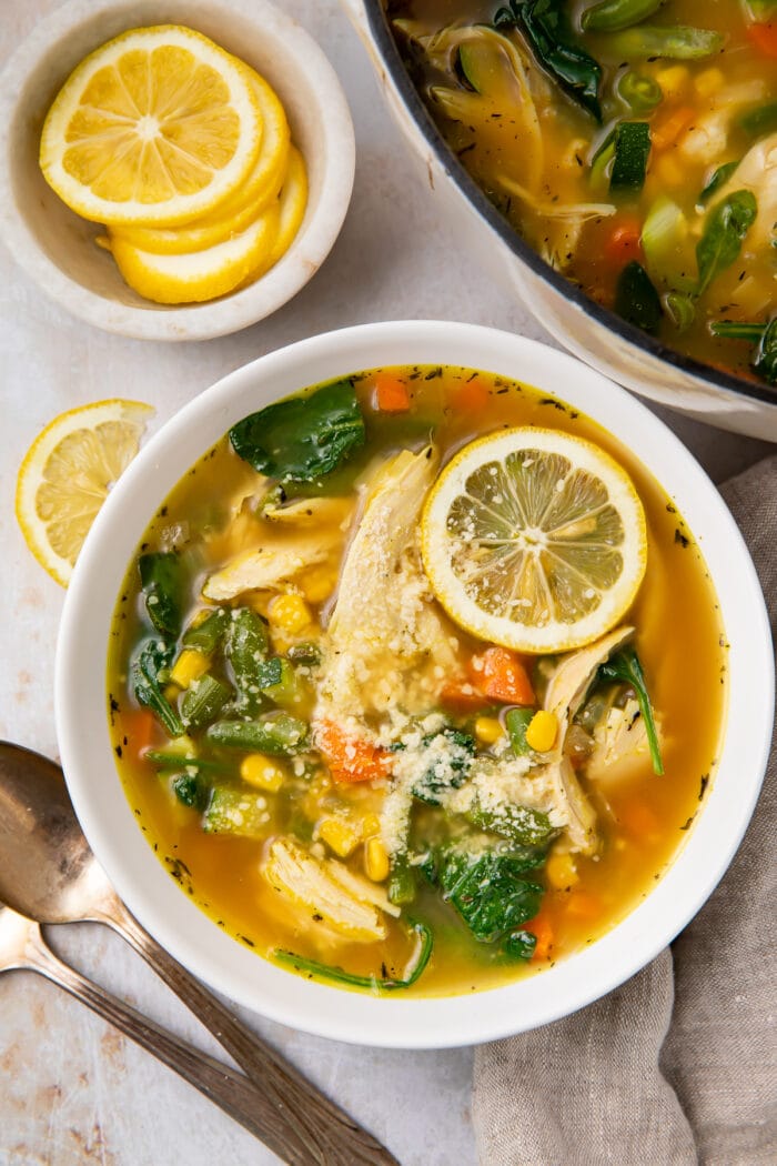 Zoomed out, overhead photo of a bowl of chicken vegetable soup