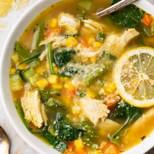 Overhead view of a bowl of chicken vegetable soup