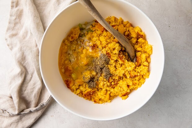 Cornbread stuffing mixture in large bowl