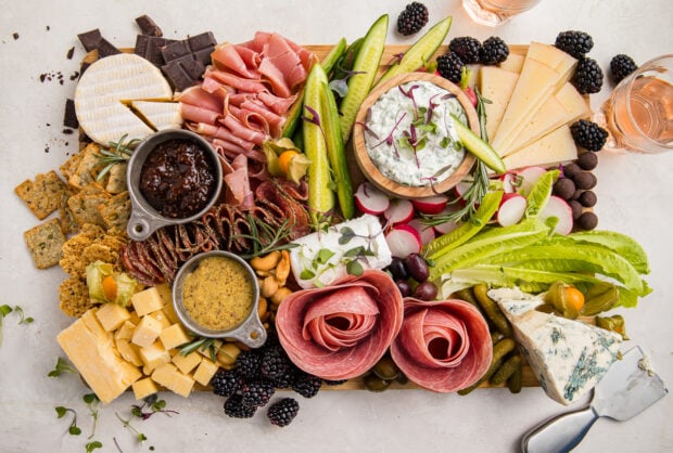 Overhead view of a keto charcuterie board