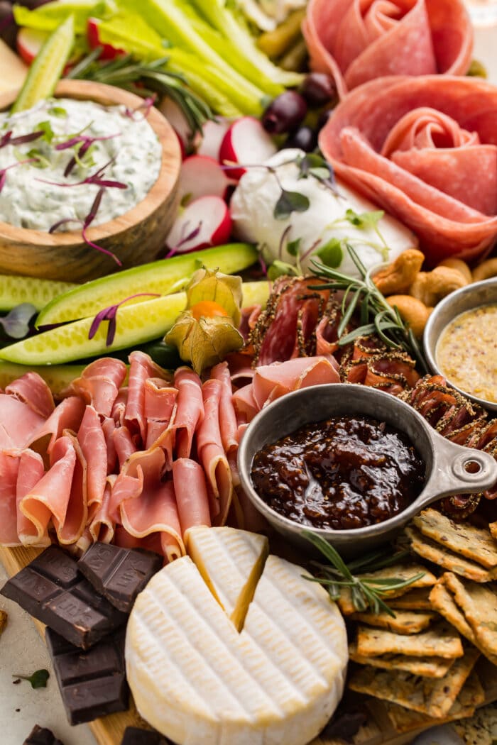 Angled overhead photo of a keto charcuterie board