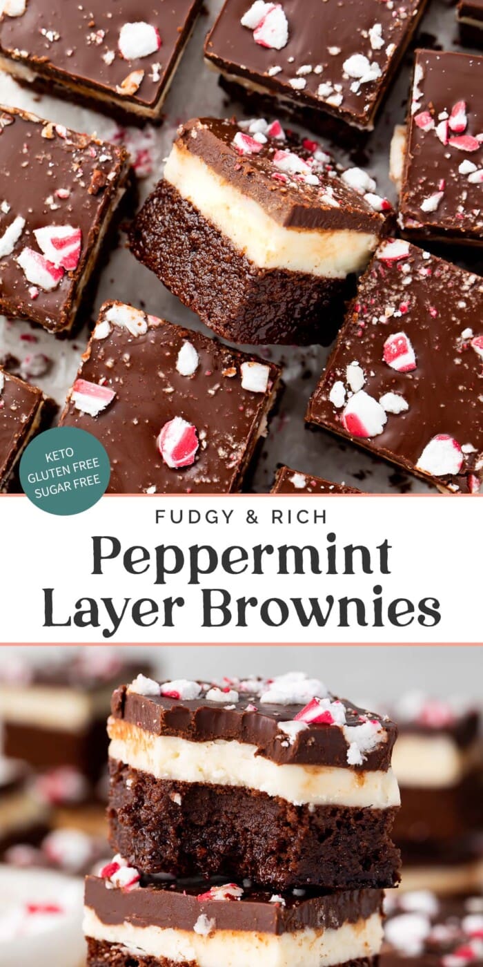 Pin graphic for keto peppermint layer brownies