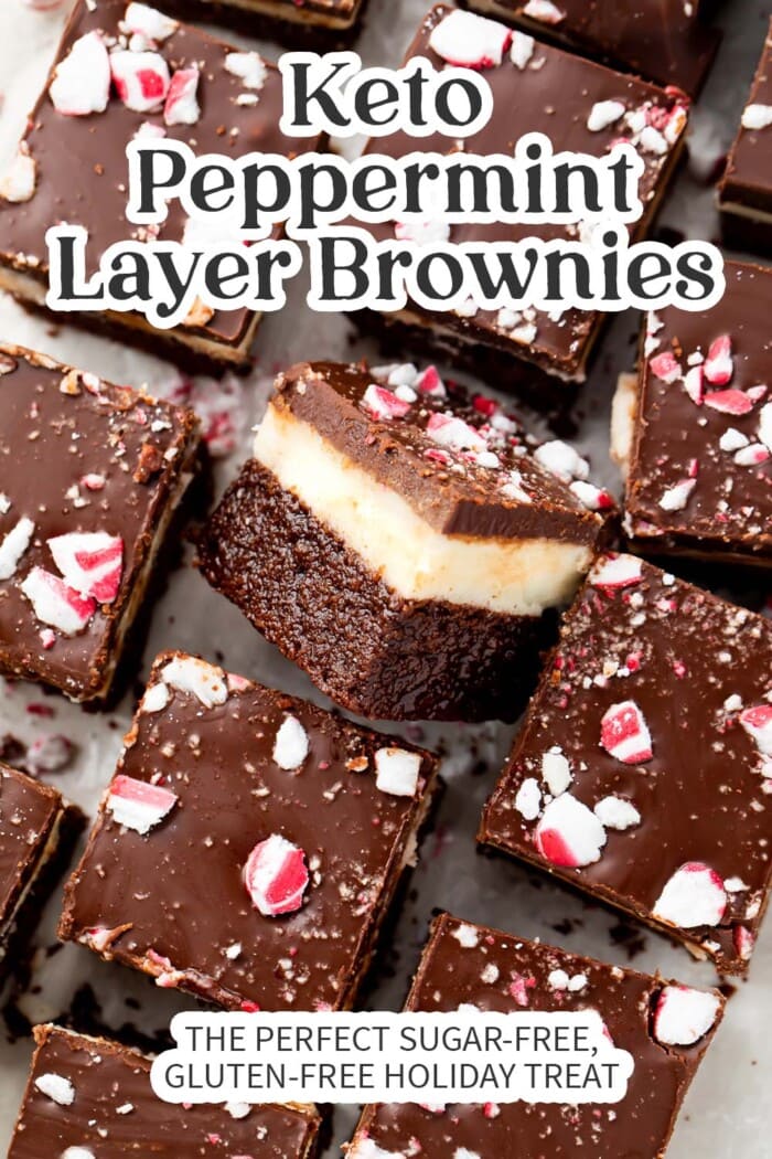 Pin graphic for keto peppermint layer brownies