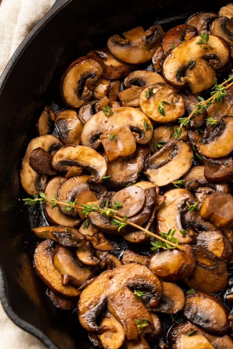 Sauteed mushrooms in a cast iron skillet