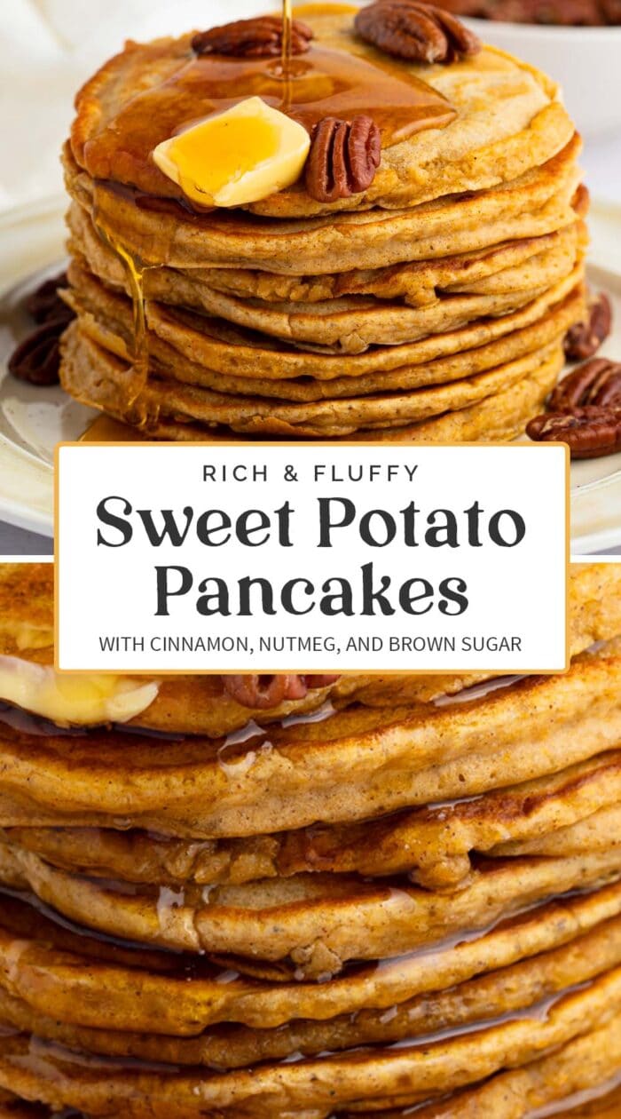 Pin graphic for sweet potato pancakes