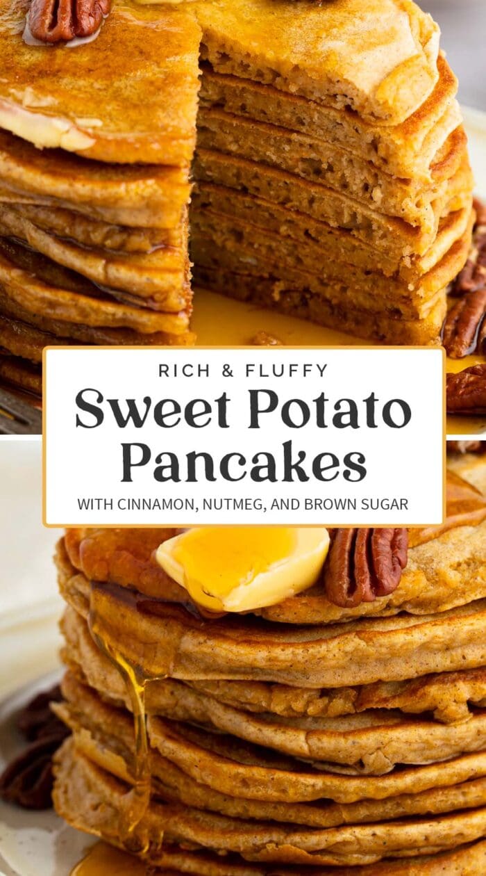 Pin graphic for sweet potato pancakes