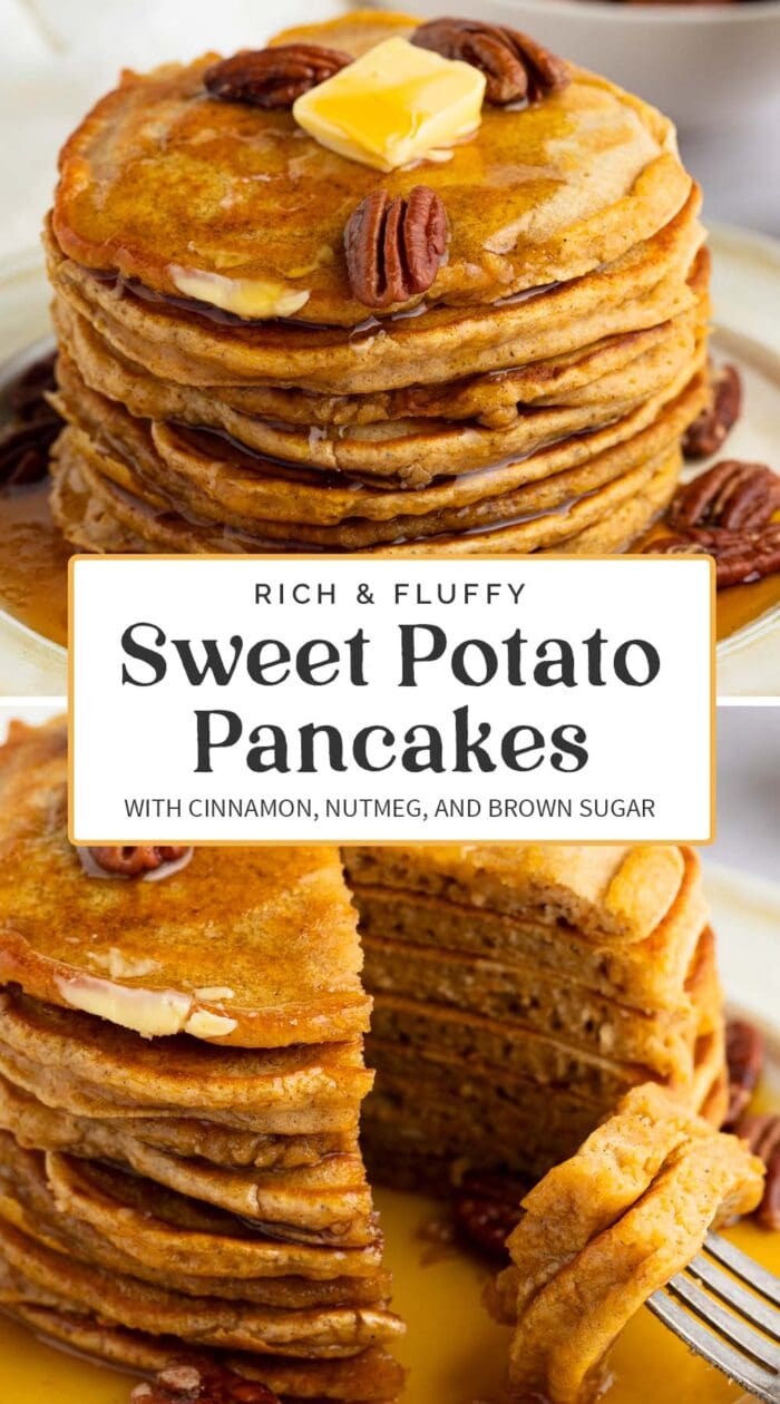 Pin graphic for sweet potato pancakes