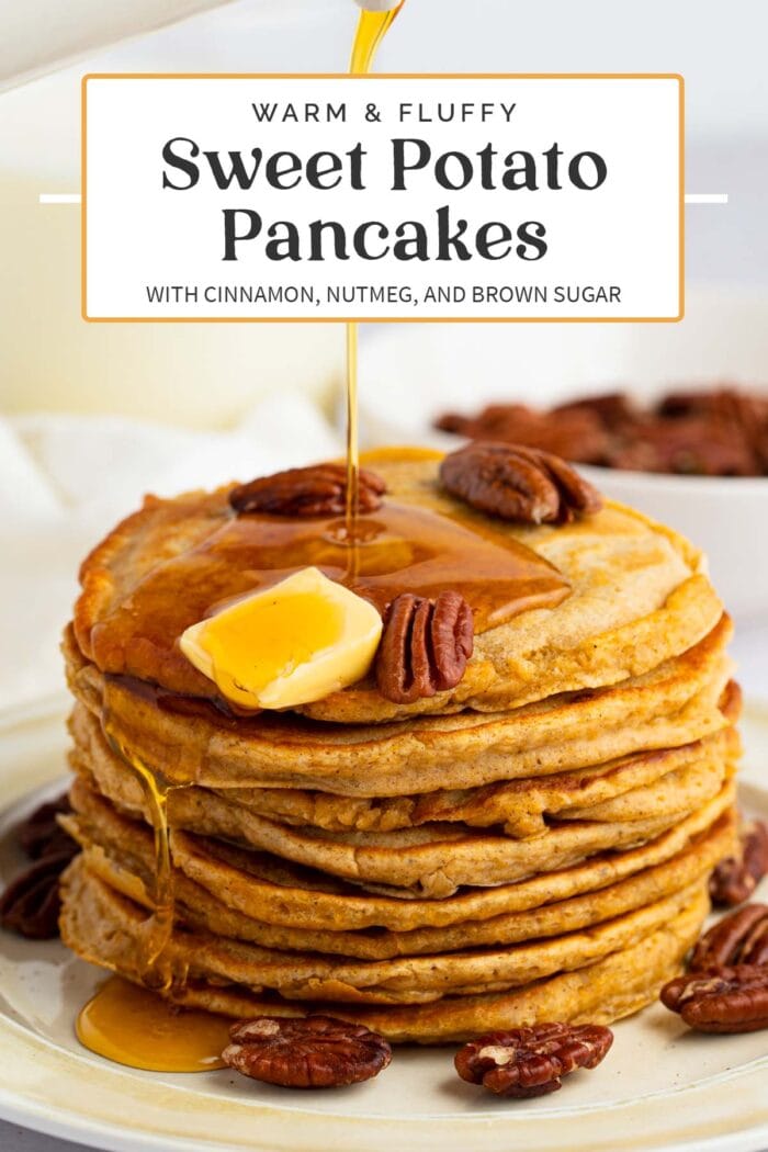 Pin graphic for sweet potato pancakes