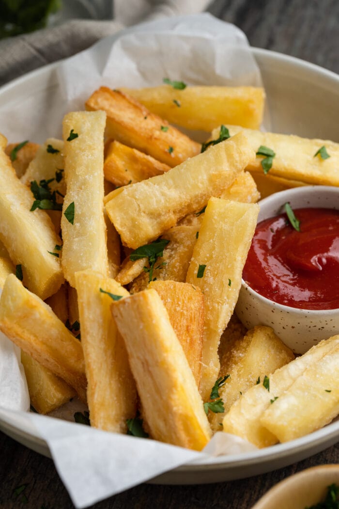 close-up image of yucca fries on a plate