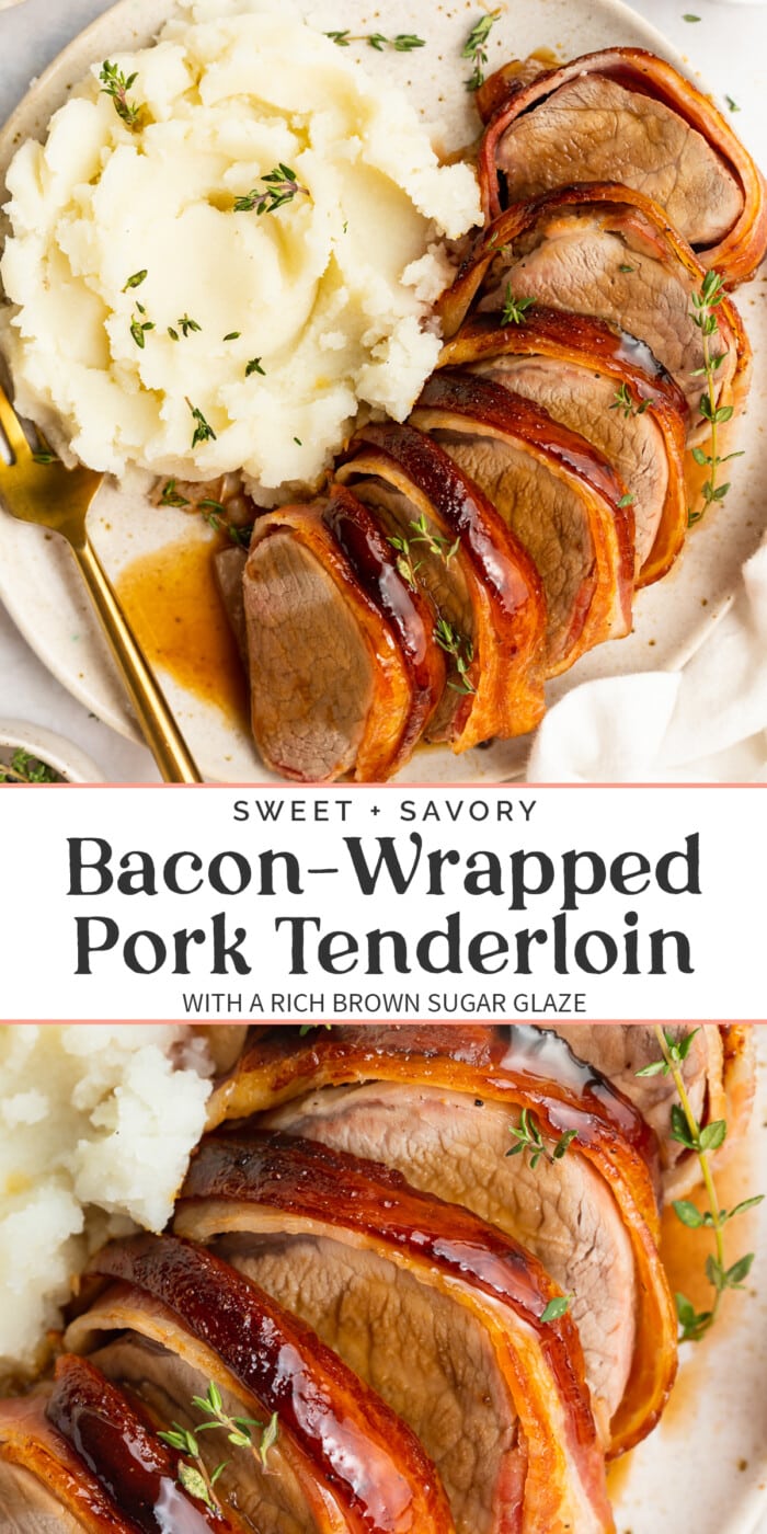 Pin graphic for bacon wrapped pork tenderloin