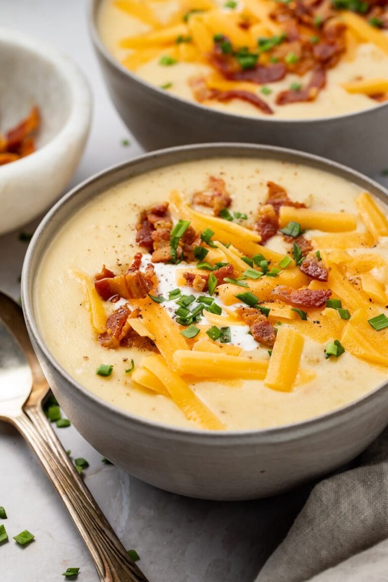 Instant Pot potato soup in black soup bowls