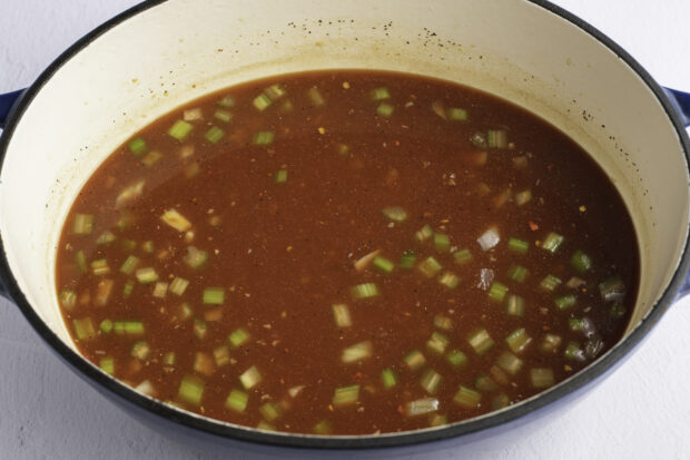 Veggies and broth in dutch oven