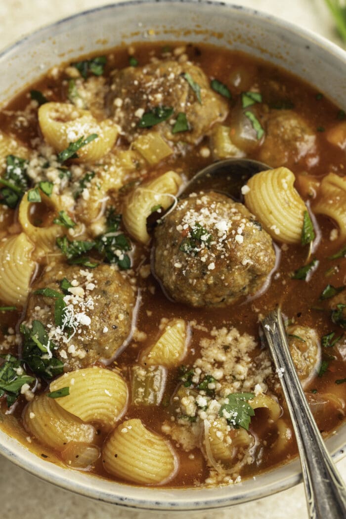 Close up of meatball soup