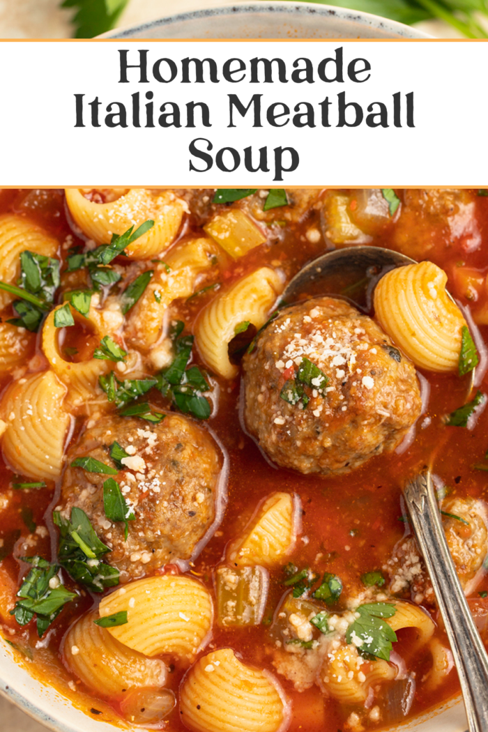 Pin graphic for meatball soup