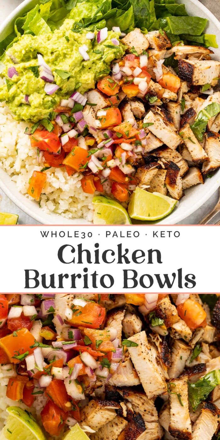 Pin graphic for Whole30 chicken burrito bowls