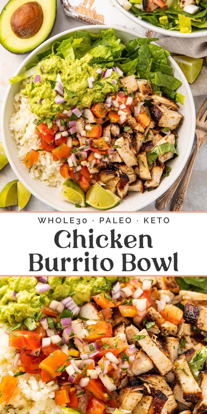 Pin graphic for Whole30 chicken burrito bowls