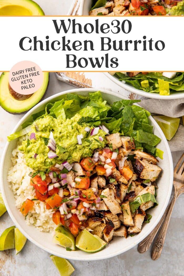 Pin graphic for Whole30 chicken burrito bowls