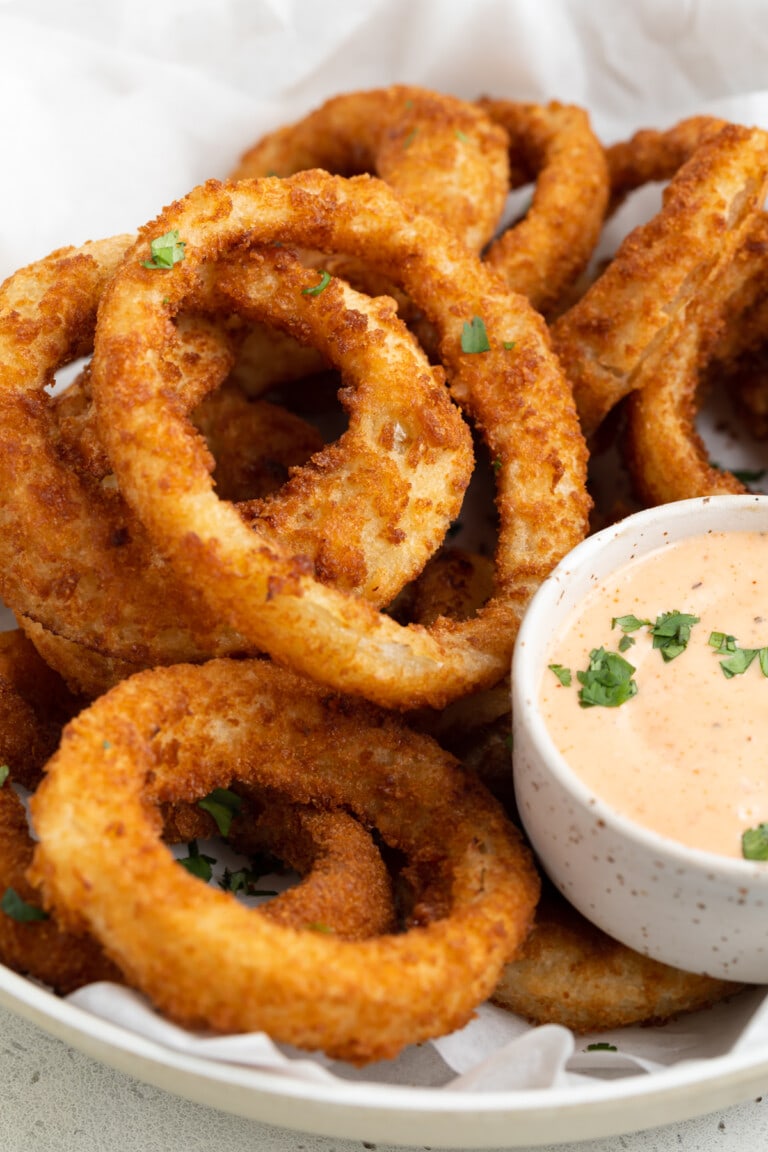 close-up image of air fryer frozen onion rings