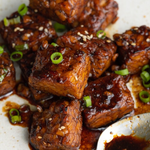 close-up image of cooked tempeh on a plate