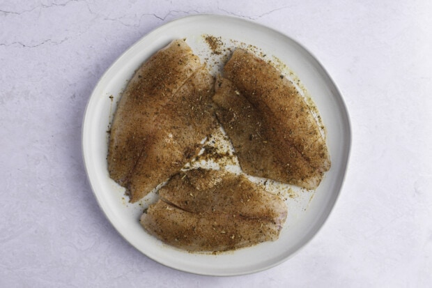 Seasoned tilapia fillets on white plate.